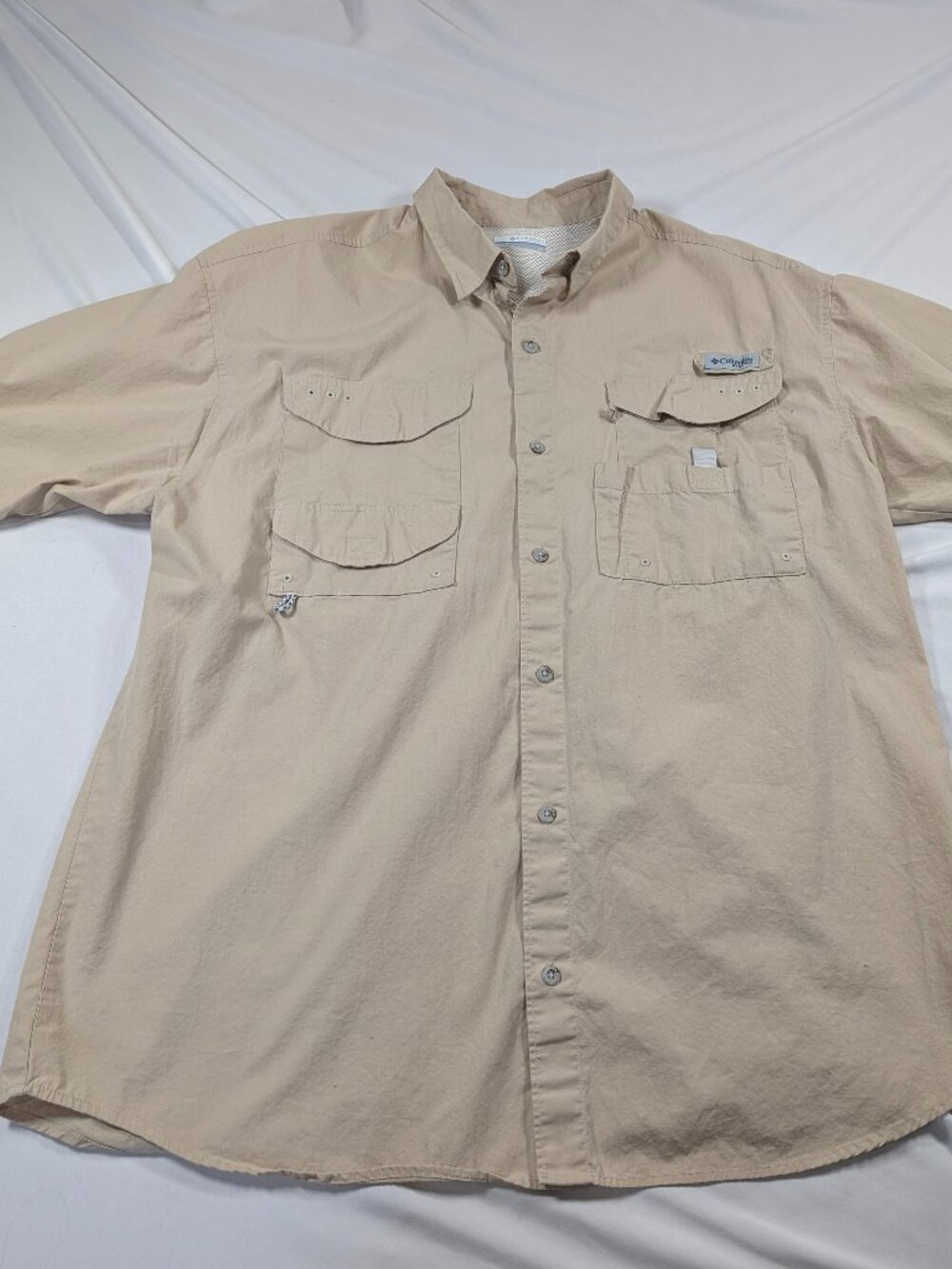 Columbia PFG Bonehead Short Sleeve Fishing Shirt Tan Khaki Men’s Size L